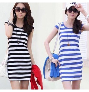 Blue white black white striped printed round neck tank girls women's slim fashion casual dresses vestidos